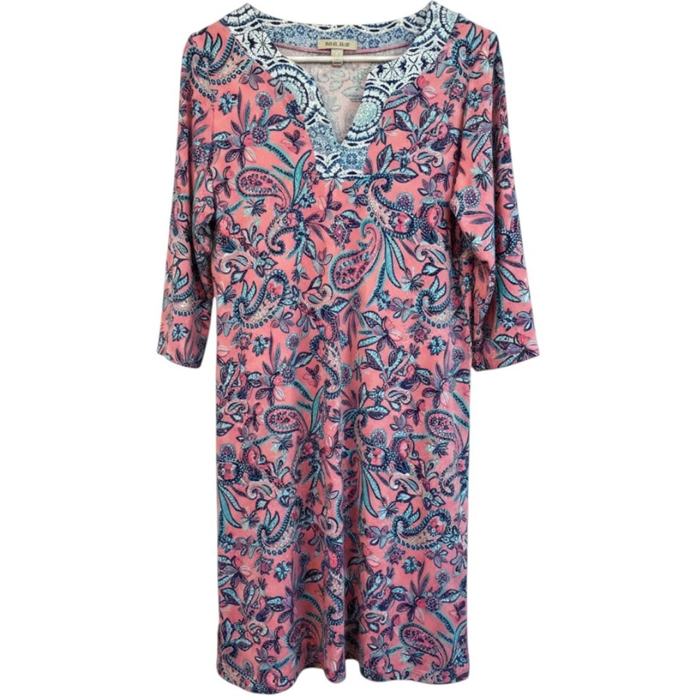 Caribbean Joe Pink Paisley Floral Split‎ V-Neck 3/4 Sleeve Shift Dress Womens M